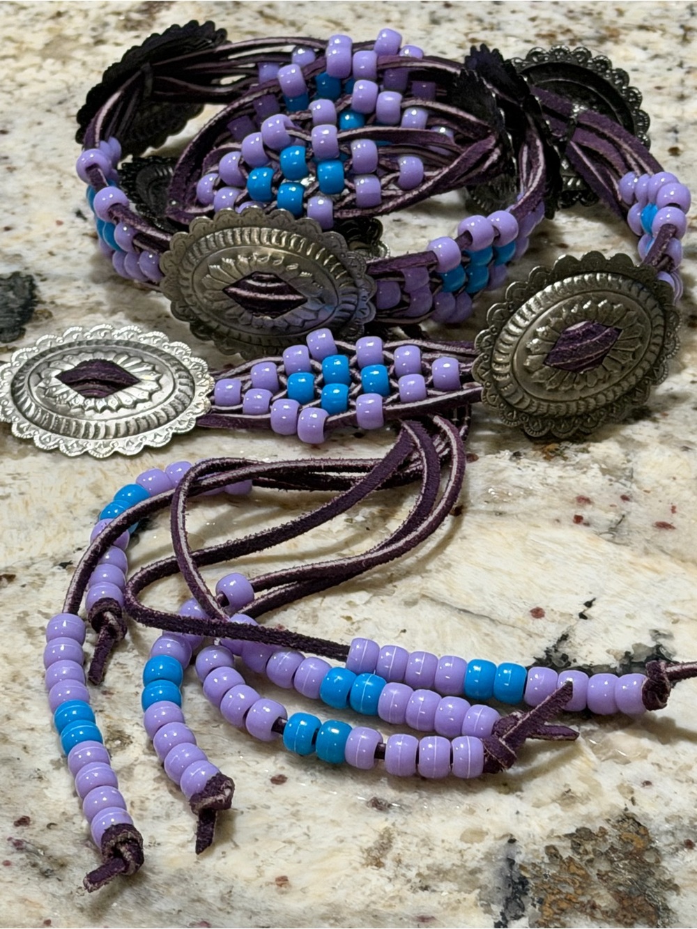 Vintage  Beaded Purple Aqua Leather Concho Belt Silver Hardware